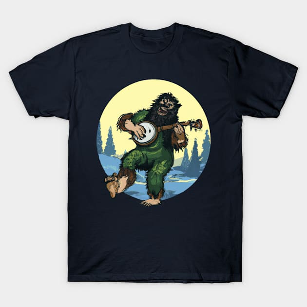 Sasquatch Playing Banjo T-Shirt by Souls.Print